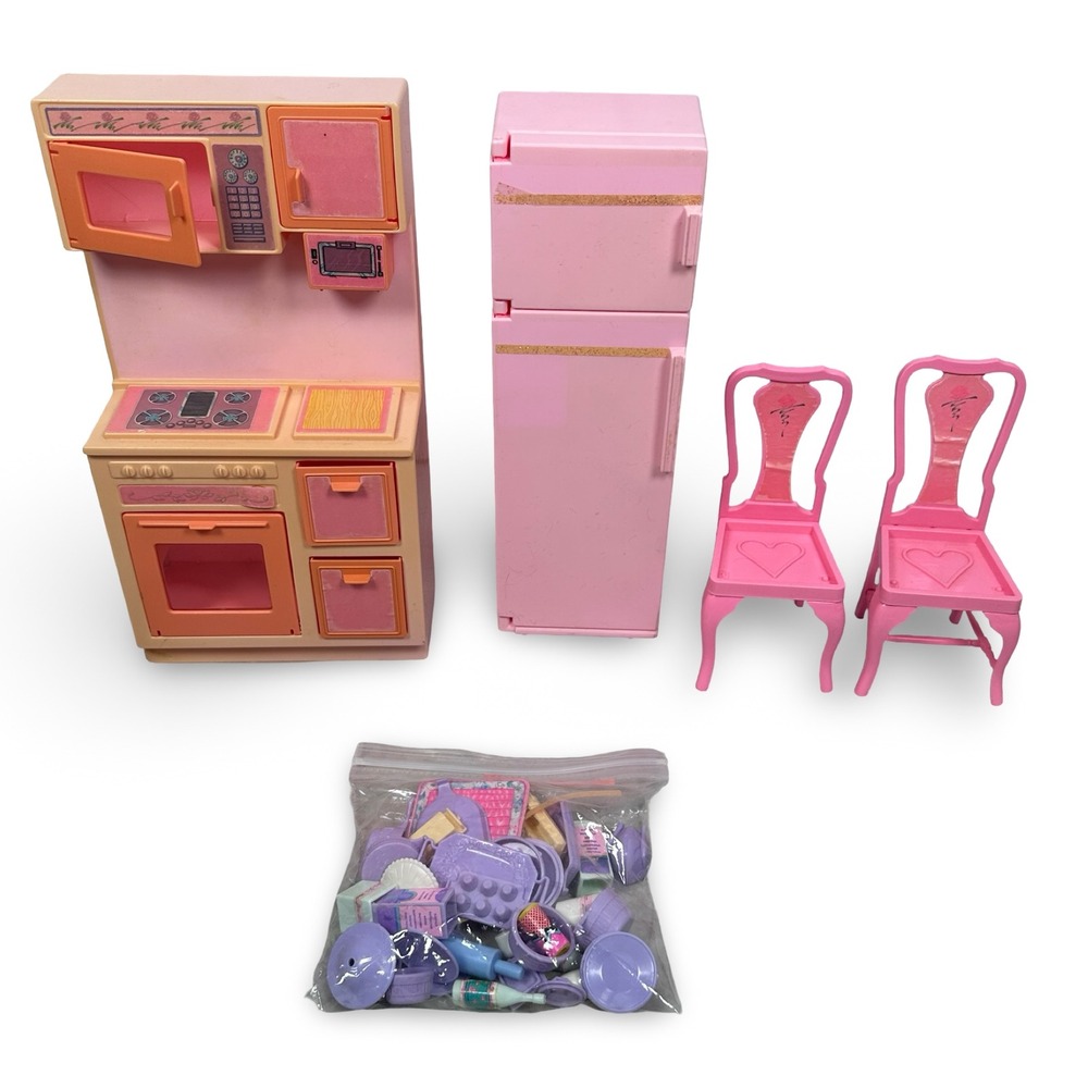 Vintage 1987 Mattel Barbie Sweet Roses Pink Kitchen Playset Refridgerator Stove